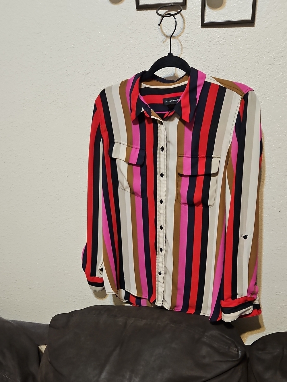 Striped Button-Up Shirt in Pink, Black & Brown